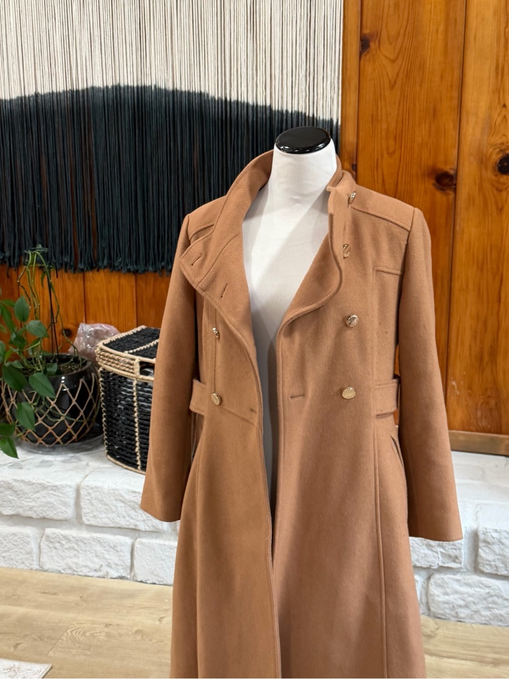 Womens Double-Breasted Camel Wool Blend Coat